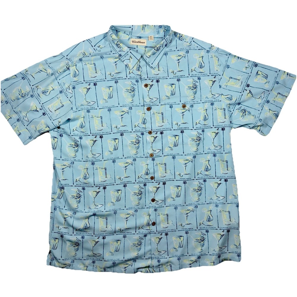 Caribbean Cocktail Print Camp Shirt Mens 3XT Blue Rayon‎ Hawaiian Short Sleeve